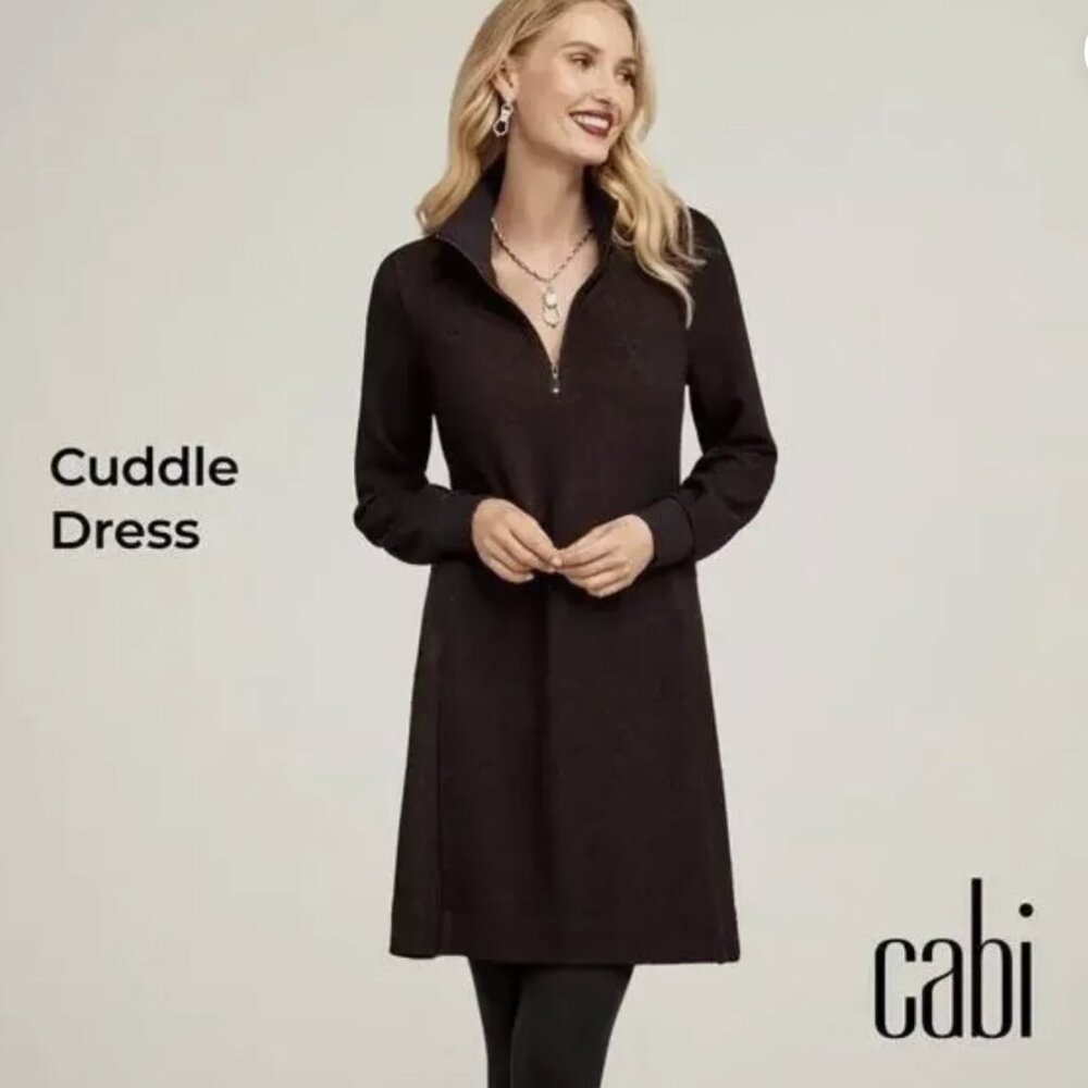 CAbi Cuddle Dress Burgundy Black Sweater Dress Pockets Quarter Zip Size Small